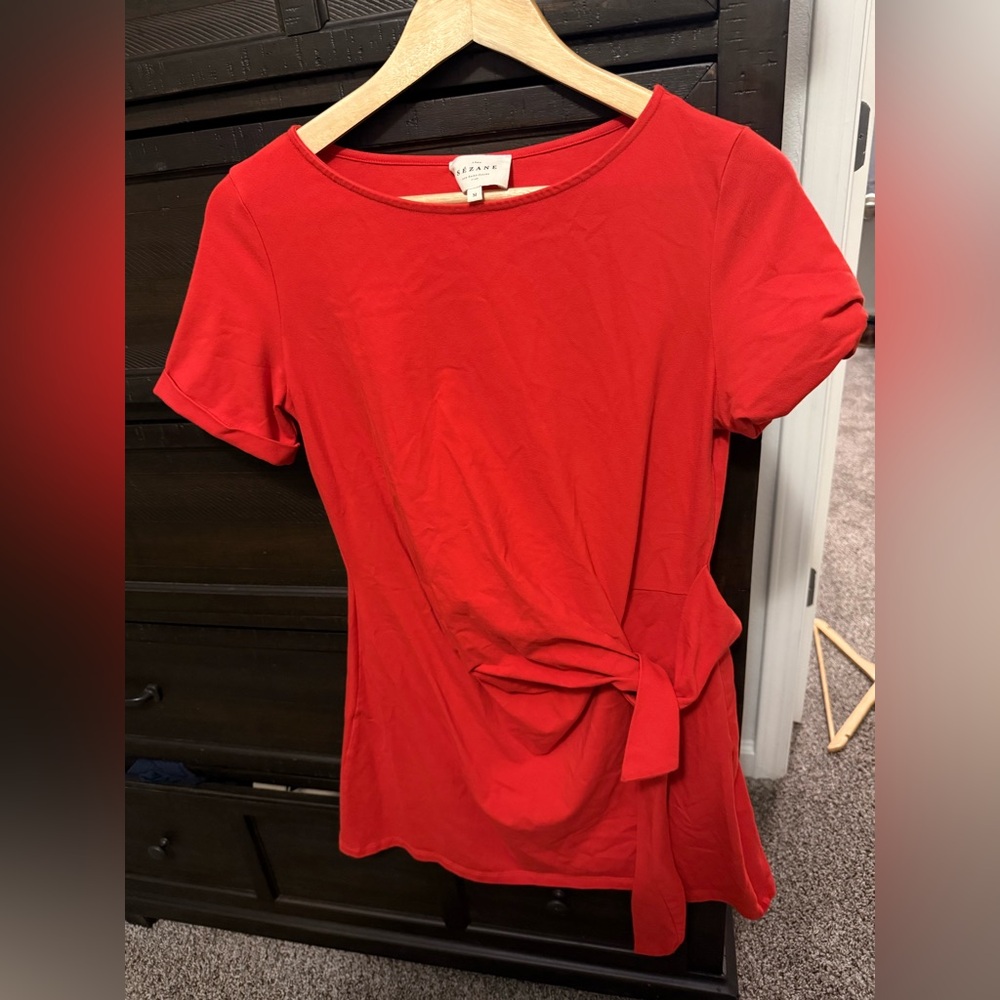 Sezane Red Tie-Waist Short Sleeve Dress